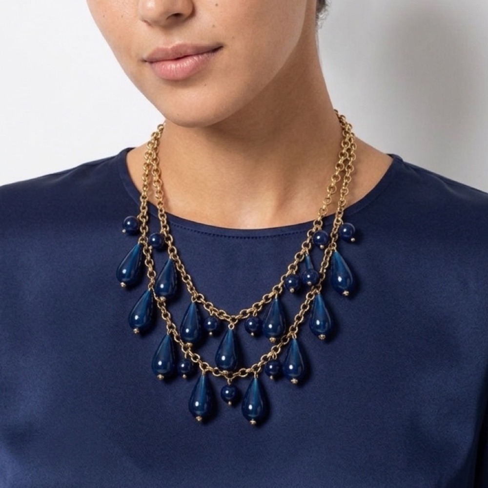 J. Crew Navy Blue & Gold Double Tier Statement Necklace
